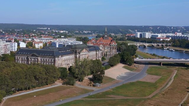 Saxon State Ministry of Culture Dresden day. Great aerial top view flight drone