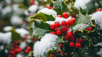 Winter Wonderland, A Majestic Holly Bush, Bedecked in Glistening Snow, Brimming With Ruby Red Berries and Luxuriant Green Leaves