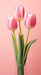 Pink tulips on the pink background. Valentines background. Vertical