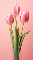 Fototapeta premium Pink tulips on the pink background. Valentines background. Vertical