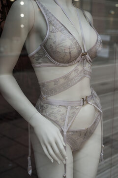 Closeup of grey underwear on mannequin in a fashion store showroom