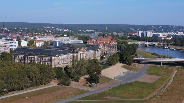 Saxon State Ministry of Culture Dresden day. Nice aerial top view flight drone