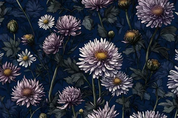 Foto op Canvas A cluster of aster flowers enhancing a notebook mockup on a deep indigo background, evoking a sense of mystery and intrigue. © Usama