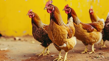 Fototapeta premium The Feathered Chorus, A Harmonious Gathering of Majestic Chickens Crowning the Countryside With Avian Serenity