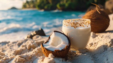 Fototapeta na wymiar Tropical Bliss, An Idyllic Scene of Coconut Palms and Milky Delight on a Serene Sandy Shore