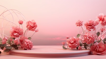 Empty podium and pink roses for product display. Romantic pink sunset