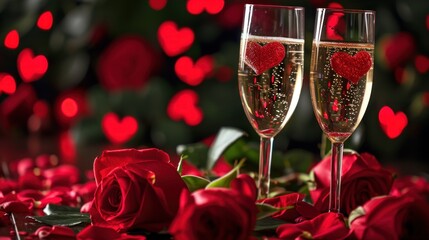 The Sparkling Love, A Bouquet of Hearts Adorning Two Exquisite Champagne Glasses