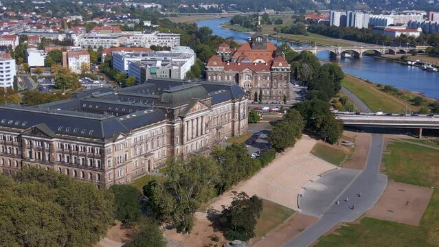 Saxon State Ministry of Culture Dresden day. Lovely aerial top view flight drone