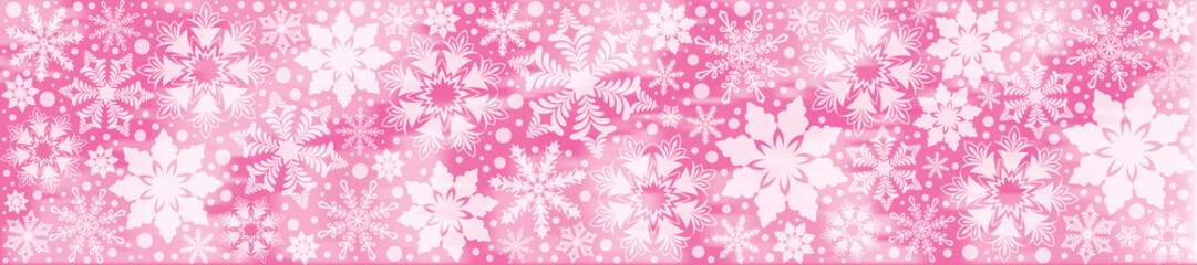 Fototapeta na wymiar Panoramic elegant snowflake background in soft pink pastel colors. Snowflake wallpaper. Winter wonderland. Blizzard background. Soft pink wintry banner for social media or website.
