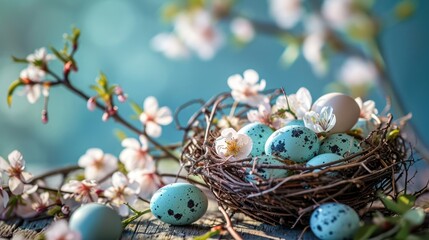 Fototapeta na wymiar A Hidden Surprise, A Whimsical Birds Nest Overflowing With Enchanting Blue and White Eggs