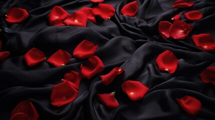 Rose rose petals scattered over black silk satin bed sheets. Romantic visual.