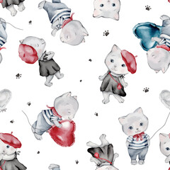 French style animals seamless pattern. Cute cartoon Parisian cat and scottish vector illustration. balloons hearts and Eiffel tower. French style dressed cats with red beret and striped frock.