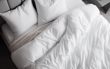 White bedding and pillows,created with Generative AI tecnology.