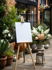 Mockup of a white canvas on an easel as a welcome sign at a wedding.