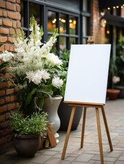 Mockup of a white canvas on an easel as a welcome sign at a wedding.