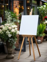 Mockup of a white canvas on an easel as a welcome sign at a wedding.