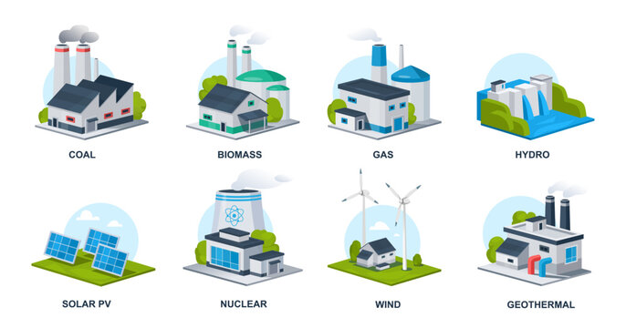 Alternative energy sources vector illustration. Flat style energy generation source types coal, biomass, gas, waste, nuclear, wind, hydro, solar, geothermal stations. Renewable energy icon set.