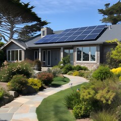 Image of a typical home in Half Moon Bay, CA with solar installed. Ideally, the home is single-story with modern architecture and a water-conscious lawn. - obrazy, fototapety, plakaty