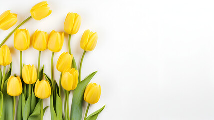 Beautiful yellow tulips on a white background, place for text top view, generative ai