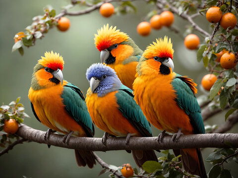 birds are sitting together on a tree branch and talking. ai generated