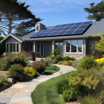 Image of a typical home in Half Moon Bay, CA with solar installed. Ideally, the home is single-story with modern architecture and a water-conscious lawn.