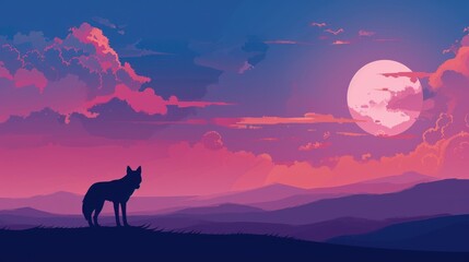 Lunar Serenade, Majestic Wolf Silhouette Stands Guard On Moonlit Hill