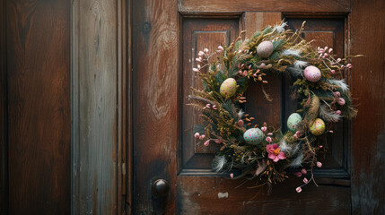 A beautiful, handmade, Easter Holiday wreath decorated with painted eggs and organic materials, hanging on a rustic, wooden front door of a rural home in the countryside. 