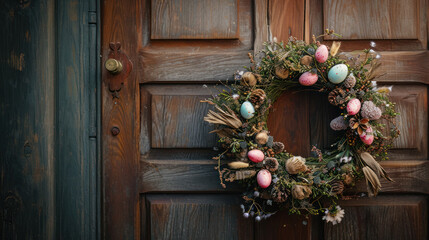 A beautiful, handmade, Easter Holiday wreath decorated with painted eggs and organic materials, hanging on a rustic, wooden front door of a rural home in the countryside. 