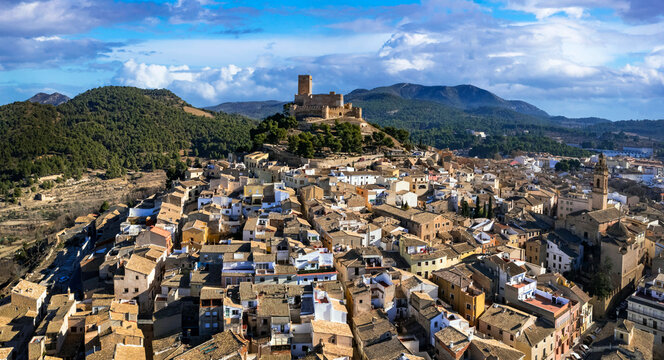 ancient Town Biar in Spain, Sierra de Mariola in the Vinalopo Valley in the province of Alicante . aerial drone panoramic view