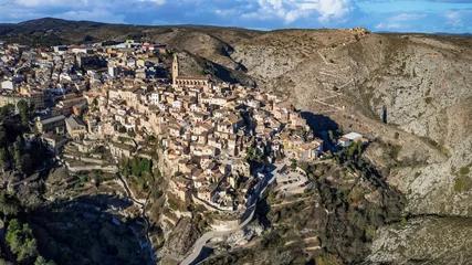Gardinen One of the most beautiful ancient villages of Spain - scenic Bocairent Valencia provice. Aerial drone high angle view © Freesurf