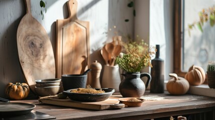 Harmonious Commotion, A Captivating Array of Culinary Utensils Adorns a Rustic Table