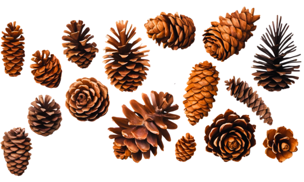 collection of small pinecones for decoration isolated against a transparent background, top view, New year holiday vector. Nature Winter template, PNG.