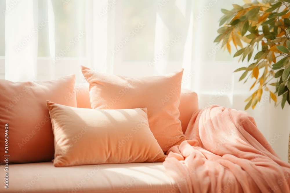 Poster pillow in trendy color peach fuzz. background with selective focus and copy space