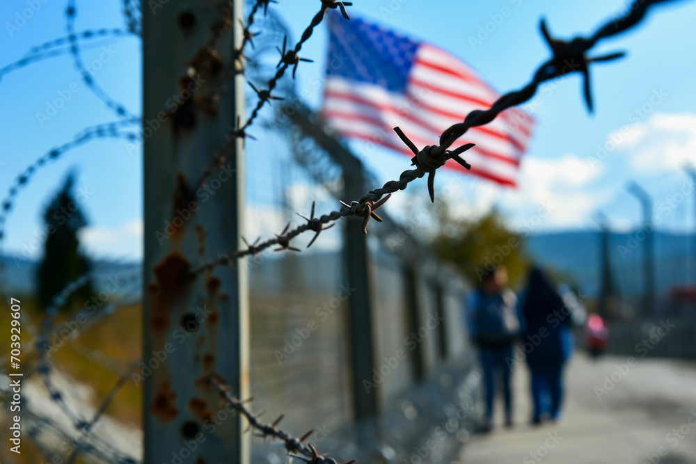 Poster us state border fence. background with selective focus and copy space