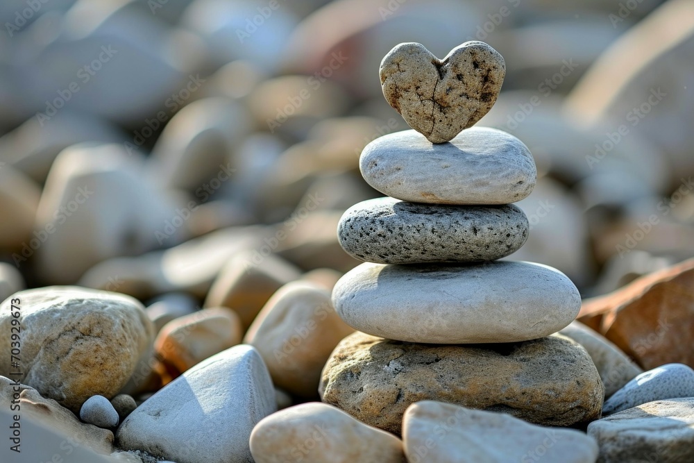 Poster a cairn with a heart-shaped stone on top. background with selective focus and copy space