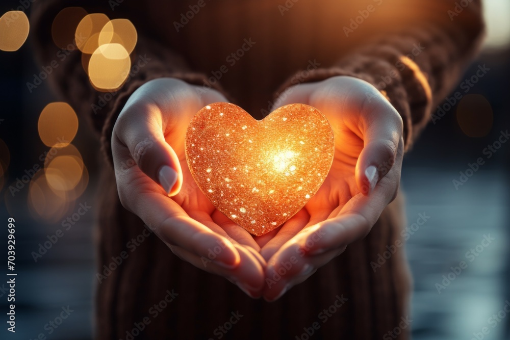 Poster heart in hands. background with selective focus and copy space