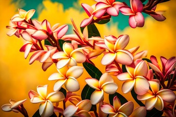 A bundle of exotic plumeria flowers, their vibrant colors and sweet fragrance filling the air against a sunny yellow backdrop.