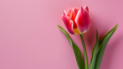 Pink Tulip on pink background. Mothers day, Valentines Day, Birthday, Copy space. Top view.