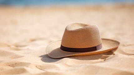 Fototapeta na wymiar Straw hat on sand. Holiday concept. Travel and vacation concept.