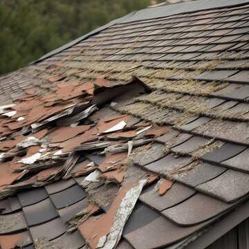 Damaged shingle roof, close up on roof, missing shingles weather damage, realistic, Washington State