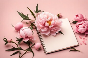A close-up shot of a peony flower delicately placed on a notebook mockup against a soft pink background, representing romance and beauty.