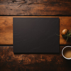 top view of blank black board on wood table