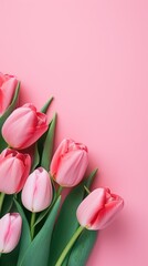 Pink tulips on the pink background. Valentines background. Vertical