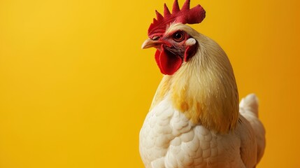 Vibrant and Majestic, A Captivating Close-Up of a Rooster, Proudly Roaming Against a Radiant Yellow Canvas