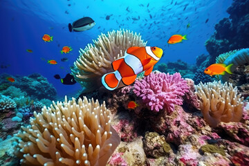 Obraz na płótnie Canvas Clown fish swimming on anemone underwater reef background, Colorful Coral reef landscape in the deep of ocean. Marine life concept, Underwater world scene.
