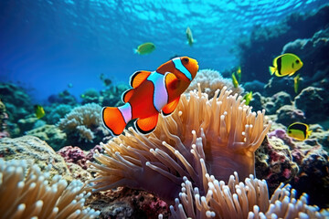Fototapeta na wymiar Clown fish swimming on anemone underwater reef background, Colorful Coral reef landscape in the deep of ocean. Marine life concept, Underwater world scene.