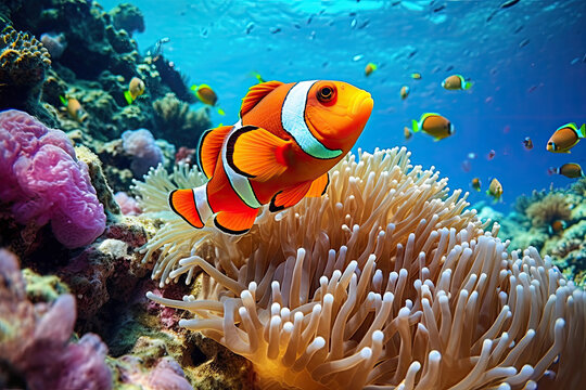 Clown Fish Swimming On Anemone Underwater Reef Background, Colorful Coral Reef Landscape In The Deep Of Ocean. Marine Life Concept, Underwater World Scene.