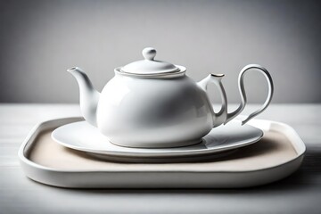 Obraz na płótnie Canvas A plain white ceramic teapot on a tray, ready for tea service.