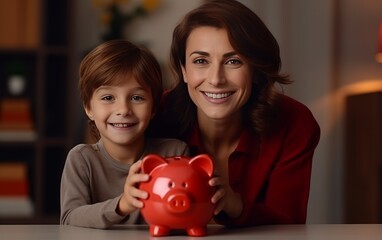 A mother patiently teaches her children the value of saving by helping them put money into a piggy bank. About financial responsibility Cultivating financial awareness and discipline from an early age