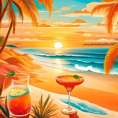 Immerse yourself in the coastal charm of a Tequila sunrise cocktail glistening in the soft sunlight on a  beach. 

 - obrazy, fototapety, plakaty